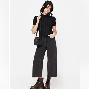 Black Dragonfly Embroidered Wide Leg Denim Culotte Jeans 8